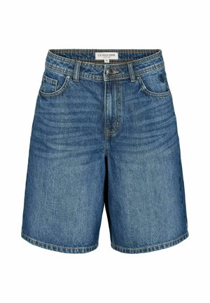 Blaue Jeans-Shorts knielang mit Fronttaschen, Gürtelschlaufen, Knopfverschluss und mittlerer Waschung.