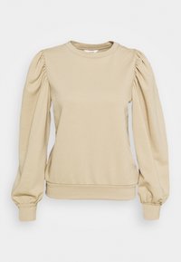 Beige sweatshirt med puffärmar i lång modell, rund halsringning och tight nederkant. Tillverkad av mjukt, bekvämt material med en slät yta.