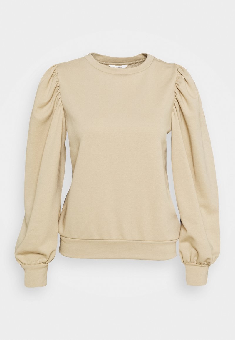 Beige sweatshirt med puffärmar i lång modell, rund halsringning och tight nederkant. Tillverkad av mjukt, bekvämt material med en slät yta.