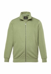 Felpa verde chiaro con zip, colletto alto, polsini e orlo a costa, con un logo sul petto e due tasche laterali.