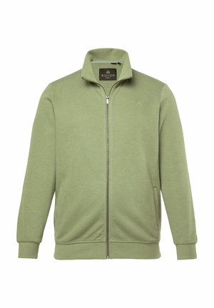 Helles grünes Zip-up Sweatshirt mit hohem Kragen, gerippten Bündchen und Saum, ausgestattet mit einem Logo auf der Brust und zwei seitlichen Taschen.