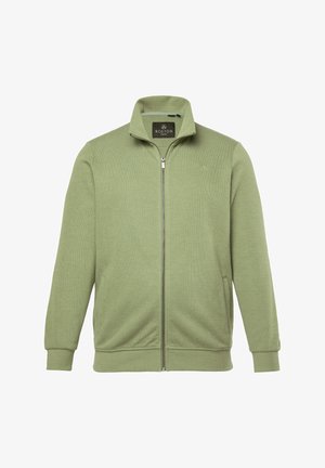Lichtgroene zip-up sweatshirt met een hoge kraag, ribgebreide manchetten en zoom, voorzien van een logo op de borst en twee zijzakken.