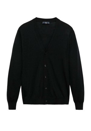 Cardigan negru dintr-un material moale, cu decolteu în V, mâneci lungi și șase nasturi pe partea din față. Design simplu și clasic.