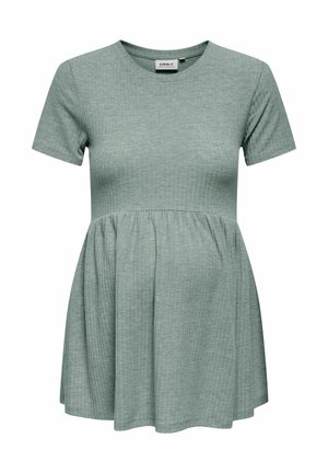 Mintgrøn graviditetsbluse med korte ærmer, rund halsudskæring og en udvidet, rynket bundsektion; ribbet tekstur gennemgående.