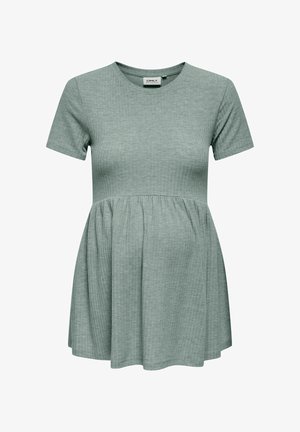 Miętowa zielona bluzka ciążowa z krótkimi rękawami, okrągłym dekoltem i rozkloszowanym, marszczonym dołem; całość w prążkowaną fakturę.