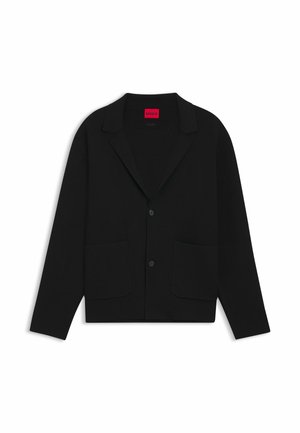 Blazer nero con bottoni, due tasche frontali e colletto con rever, mostrato disteso su uno sfondo bianco.