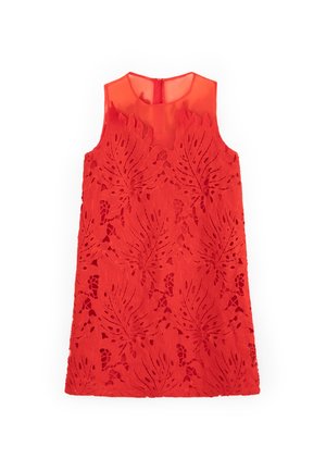 Red sleeveless dress with a textured, laser-cut leaf pattern. Features a round neckline and a concealed back zipper.