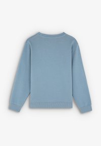 Sweatshirt albastru deschis, cu guler rotund, mâneci lungi și manșete și tiv ribbate. Fabricat dintr-un material moale, cu o textură netedă. Fără modele.