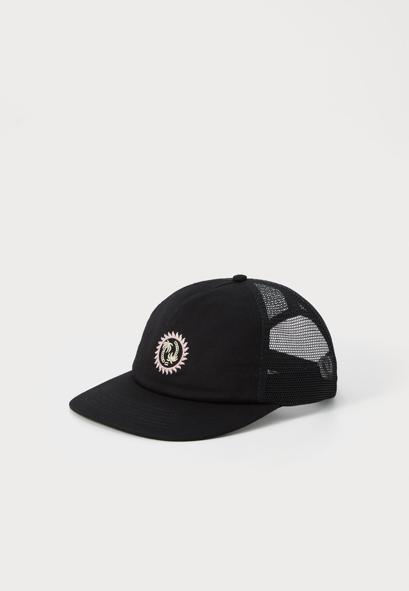 Black cap with a solid front, mesh sides, and a curved brim. Features pink embroidered design in the center.