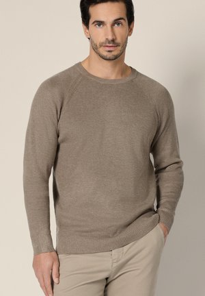 Beżowy sweter z prążkowanego dzianiny z długimi rękawami, okrągłym dekoltem i prążkowanymi mankietami. W połączeniu z jasnobeżowymi spodniami. Gładka tekstura, casualowy design.