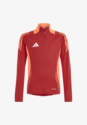 Maglietta atletica a maniche lunghe rossa e arancione con zip a un quarto, caratterizzata da pannelli laterali a contrasto e dettagli in bianco del logo. Tessuto elasticizzato.