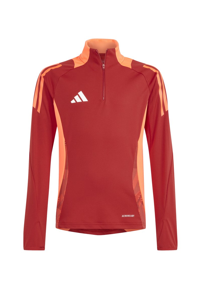 Red and orange long-sleeve athletic shirt with a quarter-zip, featuring contrasting side panels and white logo accents. Stretchy fabric.