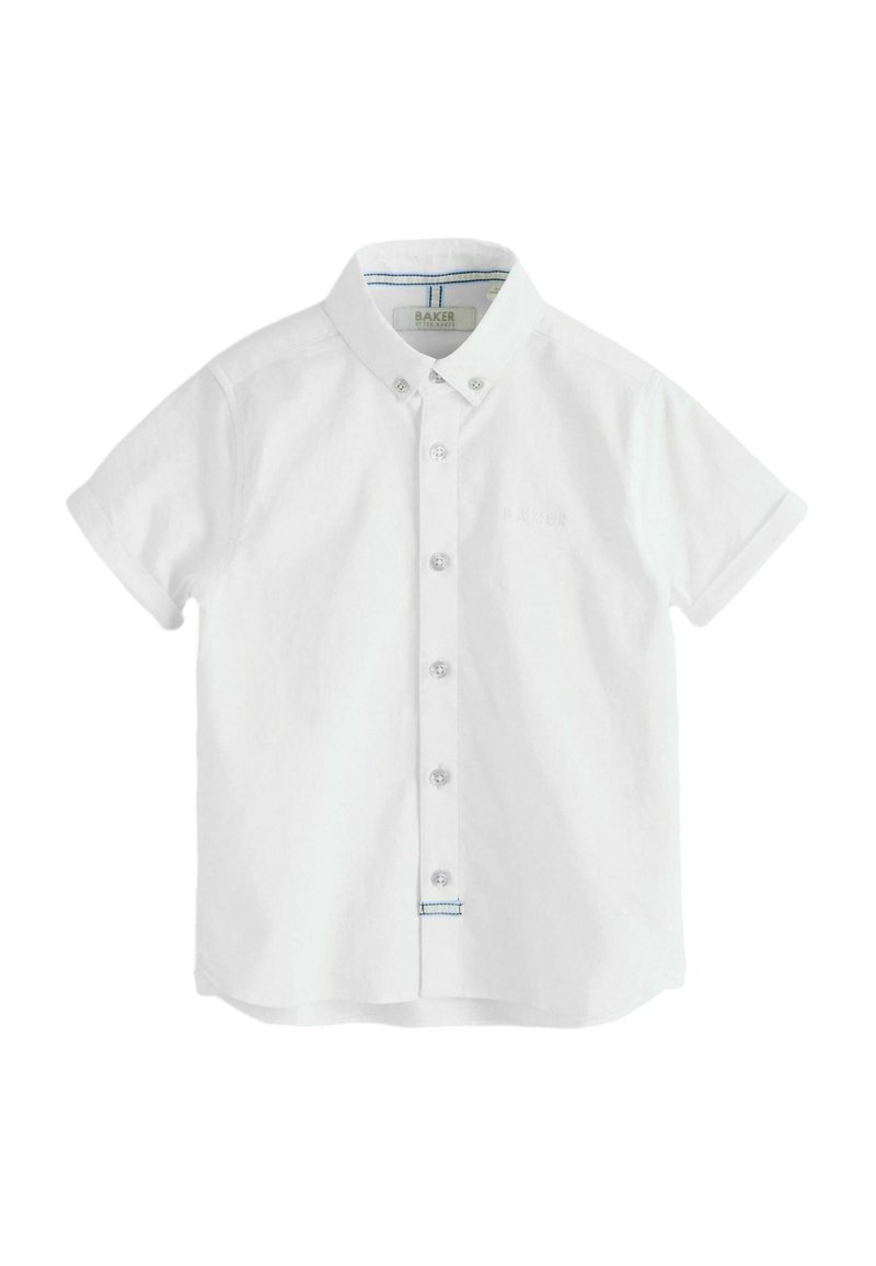 Chemise blanche à manches courtes en coton avec boutons. Elle présente un col classique, un ourlet arrondi et un logo de marque discret brodé sur la poitrine.