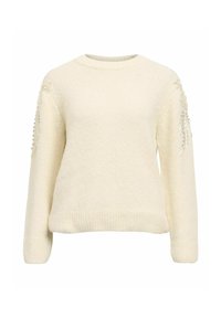 Cremefarbener Pullover mit einer strukturierten, weichen Strickware. Verfügt über lange Ärmel und verzierten Details an den Schultern mit Perlen. Rundhalsausschnitt.
