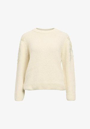 Cream sweater with a textured, soft knit. Features long sleeves and embellished detail on the shoulders with pearls. Rounded neckline.