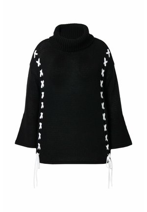 Maglione nero a maglia con collo alto, maniche a campana e dettagli bianchi a incrocio lungo i lati. Dispone di chiusure a laccio nella parte inferiore.