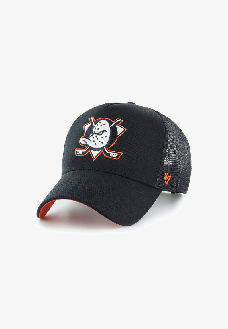 Black baseball cap with mesh back, embroidered hockey mask logo in white and black, orange accent on the underside of the visor, adjustable fit.