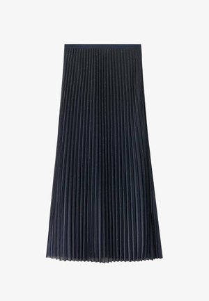 Falda azul marino plisada hecha de material ligero, con pliegues verticales y un sutil brillo a lo largo, con cintura elástica.
