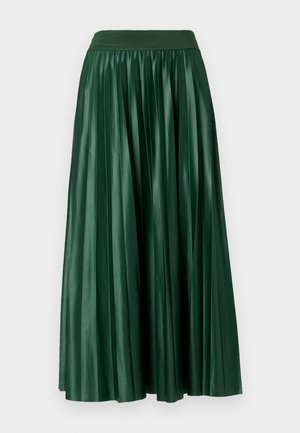 Green pleated skirt made of glossy material, featuring a wide elastic waistband and flowing design, knee-length with no visible patterns.