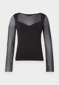 Juoda ilgomis rankovėmis palaidinė su permatomomis tinklinėmis rankovėmis ir viršutine krūtine, vientisa liemenė, kvadratinis iškirpimas ir prigludusi siluetas.