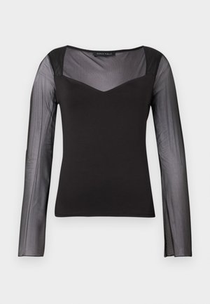 Juoda ilgomis rankovėmis palaidinė su permatomomis tinklinėmis rankovėmis ir viršutine krūtine, vientisa liemenė, kvadratinis iškirpimas ir prigludusi siluetas.