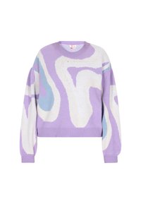 Maglione all'uncinetto con scollatura a girocollo, caratterizzato da un motivo astratto in viola, bianco e blu. Texture morbida con polsini e orlo a costine.