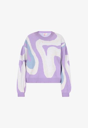 Kuduvillane sviiter ümmarguse kaeluse ja lilla, valge ja sinise abstraktse mustriga. Pehme tekstuur ning soonikvarrukad ja -ääred.