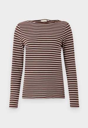 Lange mouwen, bruine en crèmekleurige gestreepte shirt van zachte stof. Heeft een ronde halslijn en een aansluitend ontwerp.
