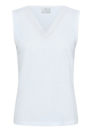 Haut sans manches blanc en tissu doux avec un décolleté en V, doté d'une bordure texturée. Forme simple, sans motifs ni accents.