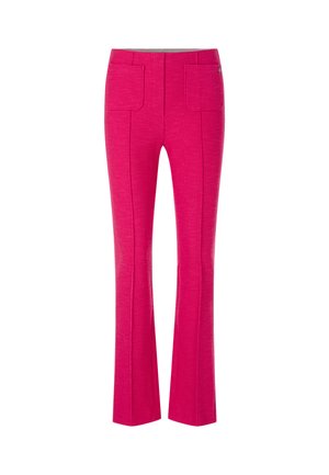 Fitted flared pants in bright pink textured fabric with two back pockets and seamless front design, featuring subtle stitching details.