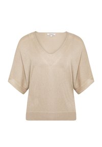 Lys beige kortærmet strikket sweater med V-hals, der har en blød tekstur og dekorative strikdetaljer på ærmerne og kanten.