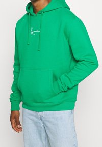 Sudadera verde hecha de una mezcla de algodón, con un bolsillo frontal, capucha con cordón y logo bordado en blanco. Corte casual con puños acanalados.