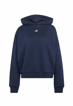 Marineblauer Kapuzenpullover mit langen Ärmeln und kleinem weißem Adidas-Logo mittig auf der Brust, dargestellt vor weißem Hintergrund.