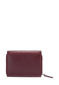 Bordeauxfarvet læderpung med en glat tekstur, lynlåslukning og en lille lynlåstrækker. Kompakt rektangulær form med syninger langs kanterne.
