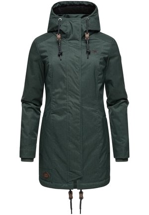 Green, hooded jacket with a textured finish, vertical stripes, adjustable drawstring at the waist, and brown accents.