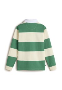 Langarm polo die groen en crèmekleurige horizontale strepen heeft, met een witte kraag en zacht katoen met zichtbare stiksels.