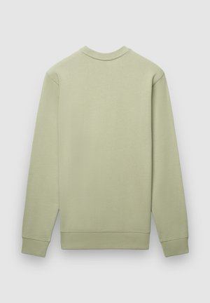 Hellgrüner Pullover mit langen Ärmeln, Rundhalsausschnitt und gerippten Bündchen. Glatte Textur mit minimalistischem Design, ohne sichtbare Logos oder Muster.