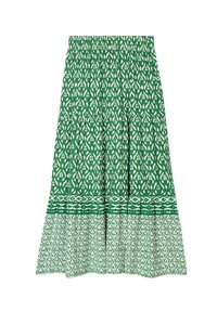 Groene patroonskirt met een elastische taille, voorzien van een wit bloemenmotief, plooien en een contrasterende gestreepte zoom.