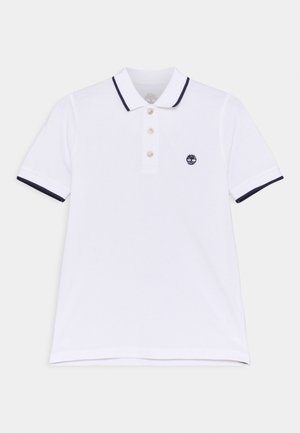 Witte polo van katoen, met een ritssluiting met drie knopen, marineblauwe biezen op de kraag en mouwen, en een klein geborduurd logo op de borst.