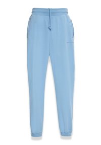 Hellblaue Jogginghose mit elastischem Bund und Kordelzug, ausgestattet mit Seitentaschen und elastischen Bündchen an den Fußknöcheln. Glatte Textur.