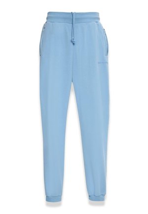 Light blue sweatpants with elastic waistband and drawstring, featuring side pockets and elastic cuffs at the ankles. Smooth texture.