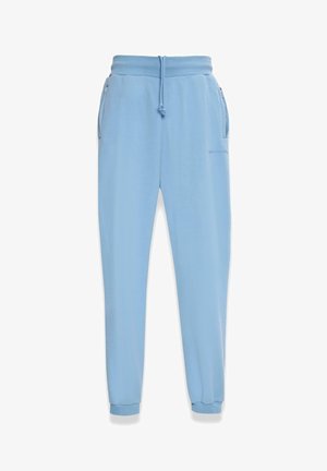 Light blue sweatpants with elastic waistband and drawstring, featuring side pockets and elastic cuffs at the ankles. Smooth texture.