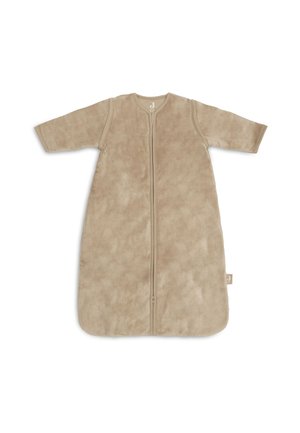 Beige long-sleeve infant sleep sack with front zipper, soft fabric, and rounded bottom for comfortable nighttime wear.