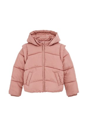 Giacca imbottita con cappuccio di un morbido rosa, con chiusura a zip, due tasche frontali, polsini a costine e dettagli di cucitura orizzontale.
