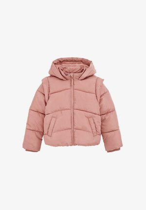 Chaqueta acolchada con capucha en rosa suave, cierre de cremallera, dos bolsillos frontales, puños acanalados y detalles de costura horizontal.