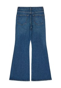 Flared blue denim jeans featuring a mid-rise waist, five pockets, and contrasting stitching. The fabric has a typical textured finish.