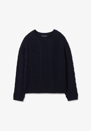 Marineblauwe gebreide trui met een gestructureerd ruit- en kabelpatroon, voorzien van een ronde halslijn en geribbelde manchetten en zoom.