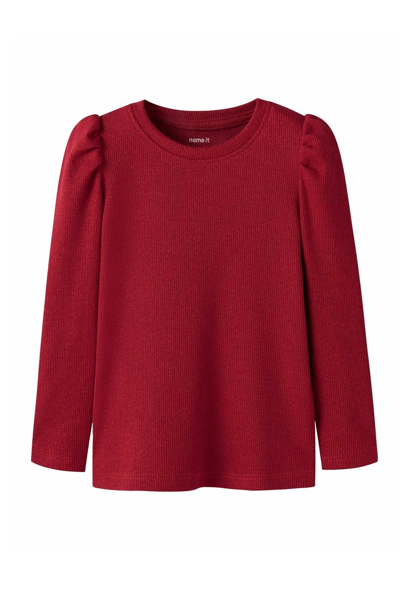 Top rojo de manga larga con textura acanalada y hombros abullonados. Cuenta con un escote redondo y un dobladillo recto. Está hecho de una tela suave.