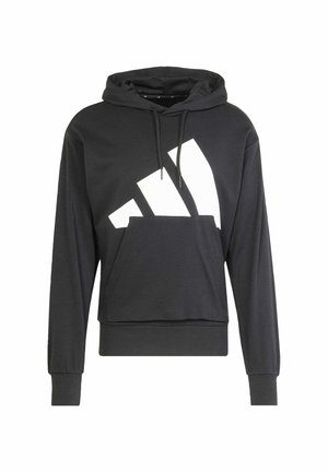 Čierna mikina s kapucňou vyrobená z mäkkého materiálu, s veľkým bielym logom, prednou vreckom a rebrovanými manžetami a lemom.