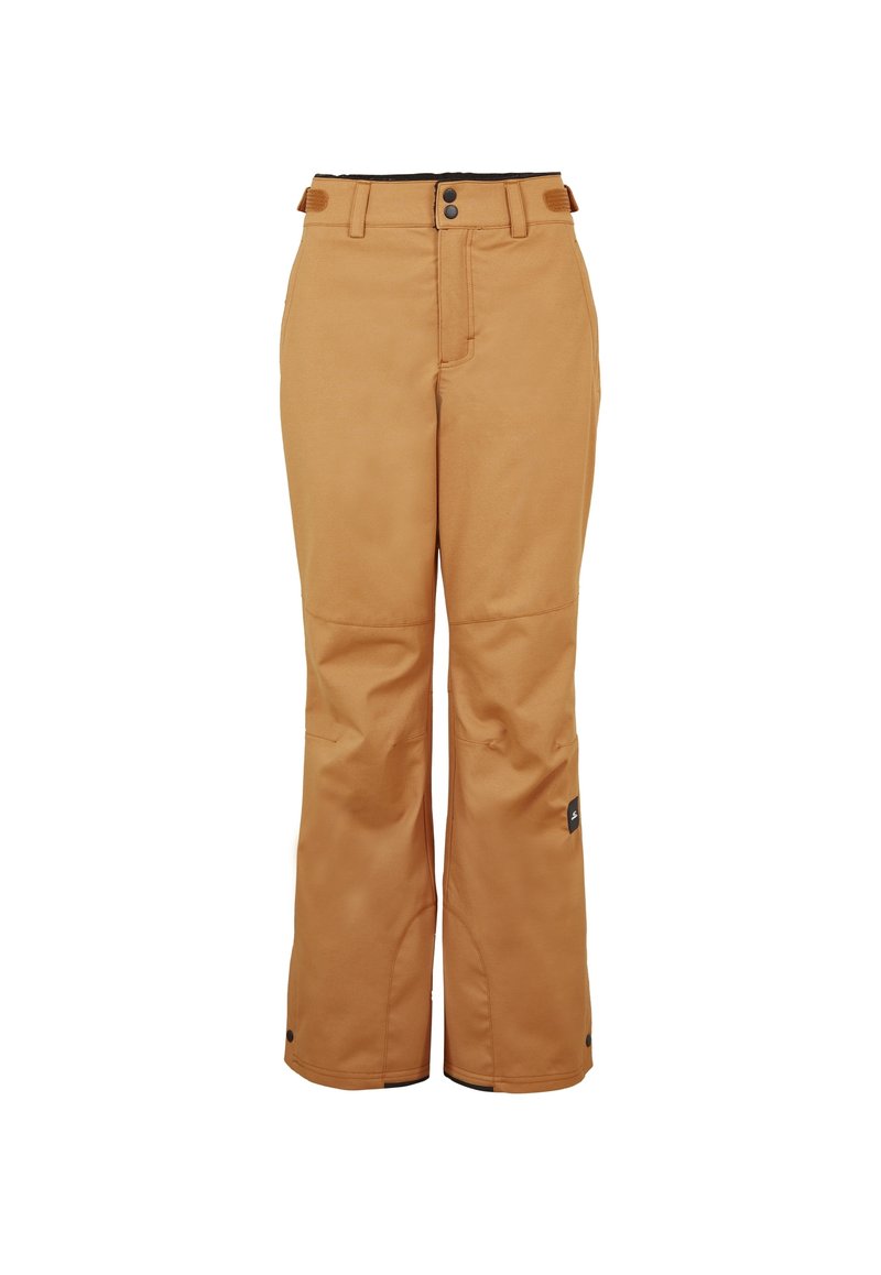 Jasnobrązowe spodnie outdoorowe o prostym kroju, z zapięciem na zamek błyskawiczny, dwoma zapięciami na guziki oraz dwiema bocznymi kieszeniami. Wykonane z wytrzymałej tkaniny o gładkiej strukturze.
